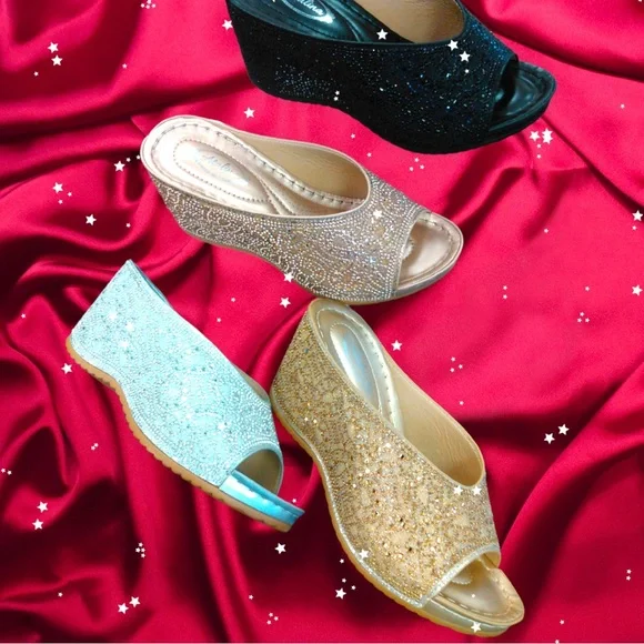 Italina Silver Metallic Rhinestone Crystal Jewel Embellished Wedge 8.5 - Picture 3 of 8